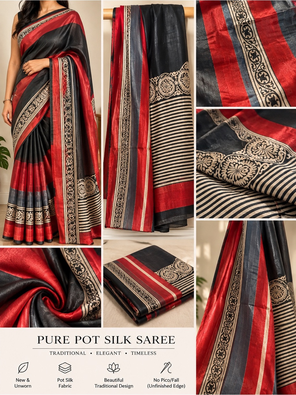 Elegant & New Pot Silk Saree with Unstitched Blouse Piece – No Pico/Fall